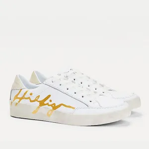 Scarpe Donna TOMMY HILFIGER Sneakers in Pelle Bianca con Logo Firma