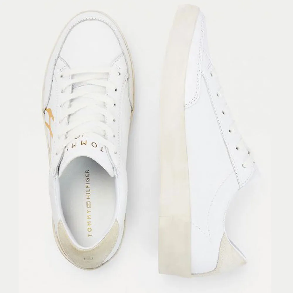 Scarpe Donna TOMMY HILFIGER Sneakers in Pelle Bianca con Logo Firma