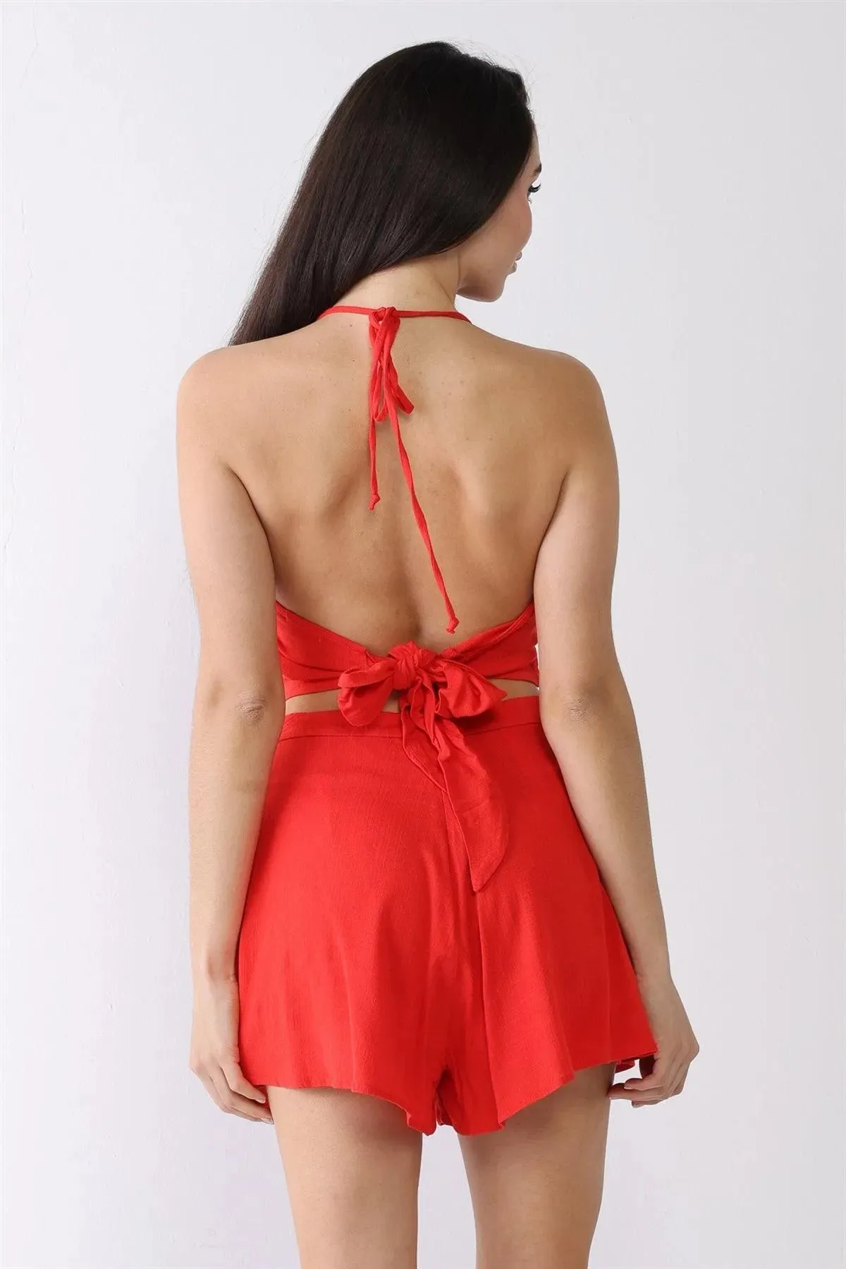 V-Neck Sleeveless Self-Tie Crop Top & High Waist Pleated Shorts Set