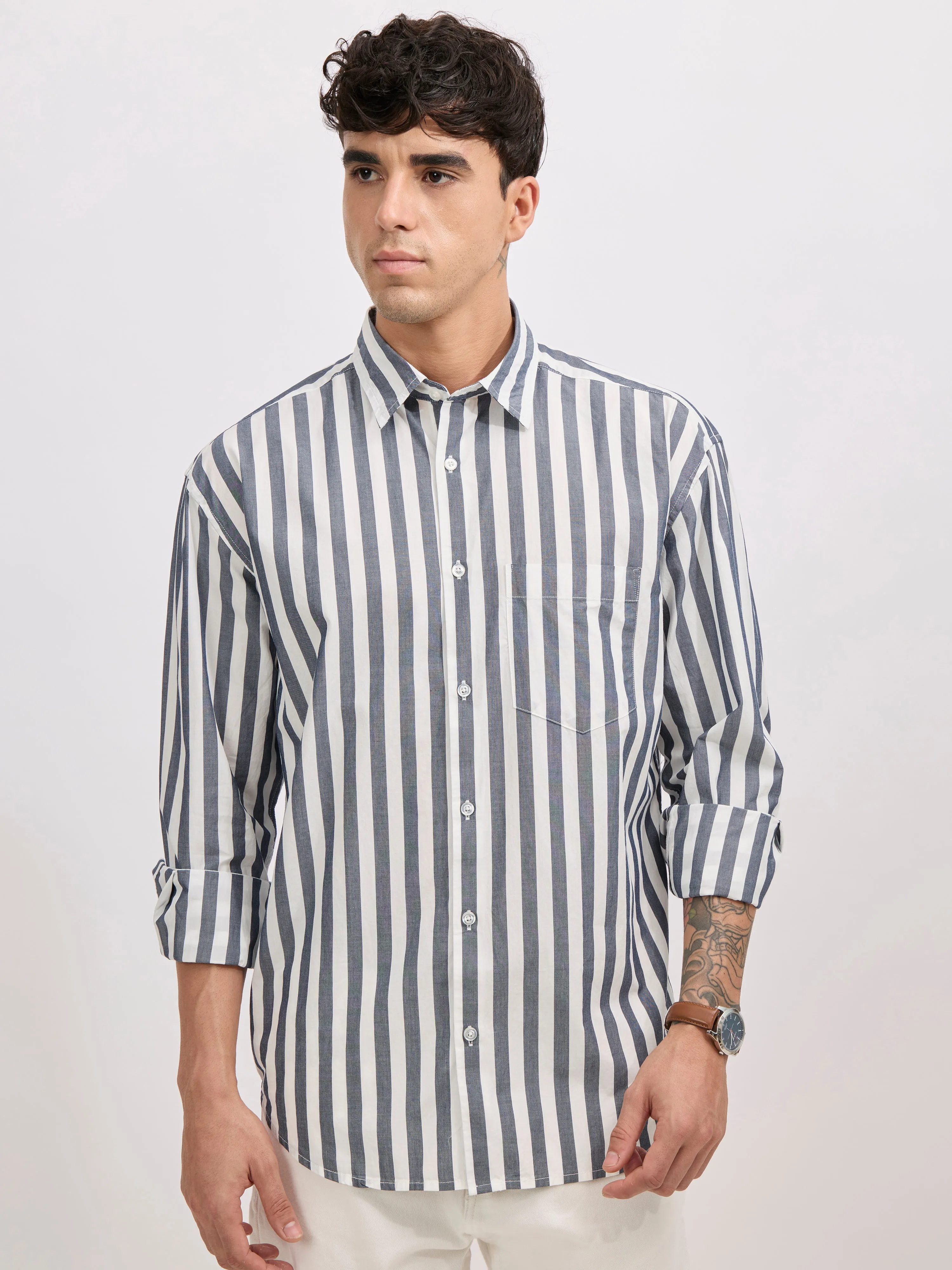 Veil - Cotton Oversized Striped shirt - Monochrome