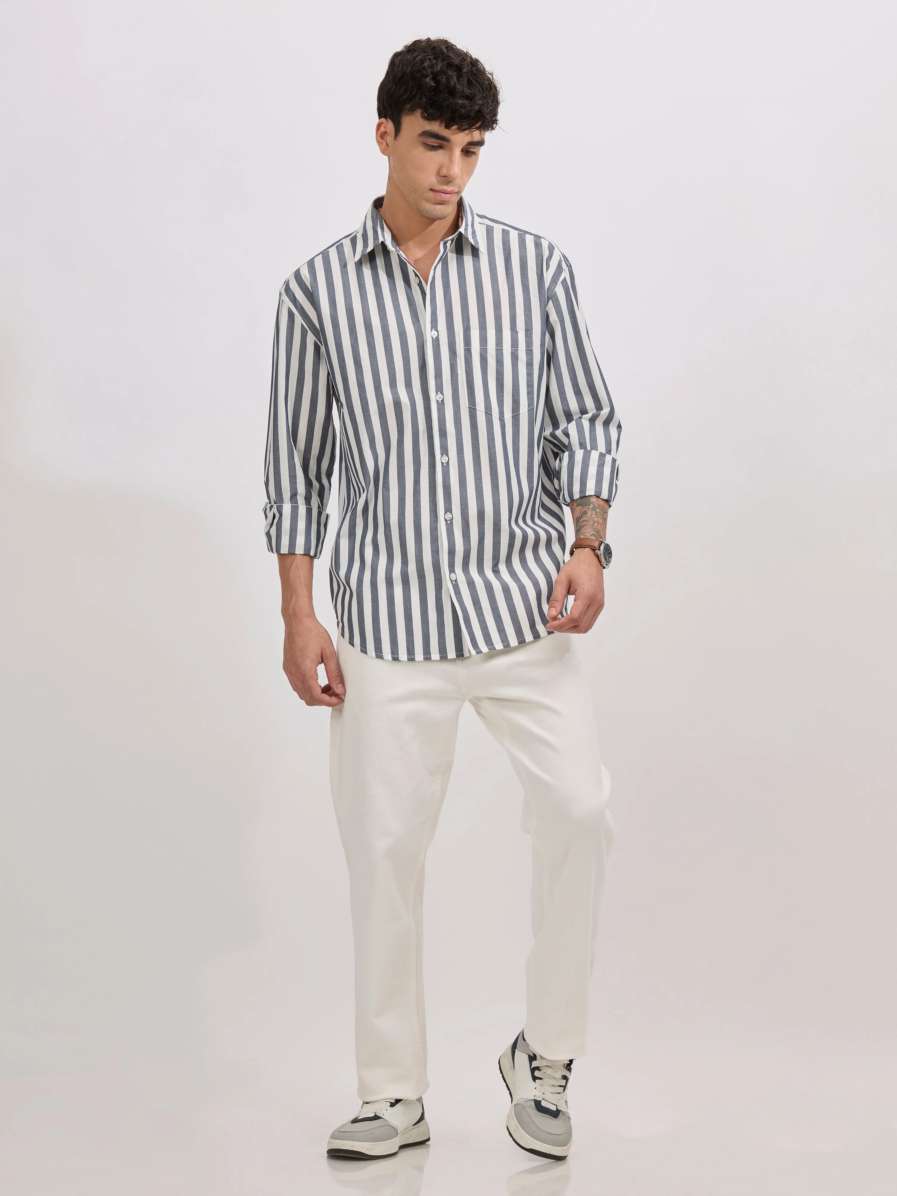Veil - Cotton Oversized Striped shirt - Monochrome