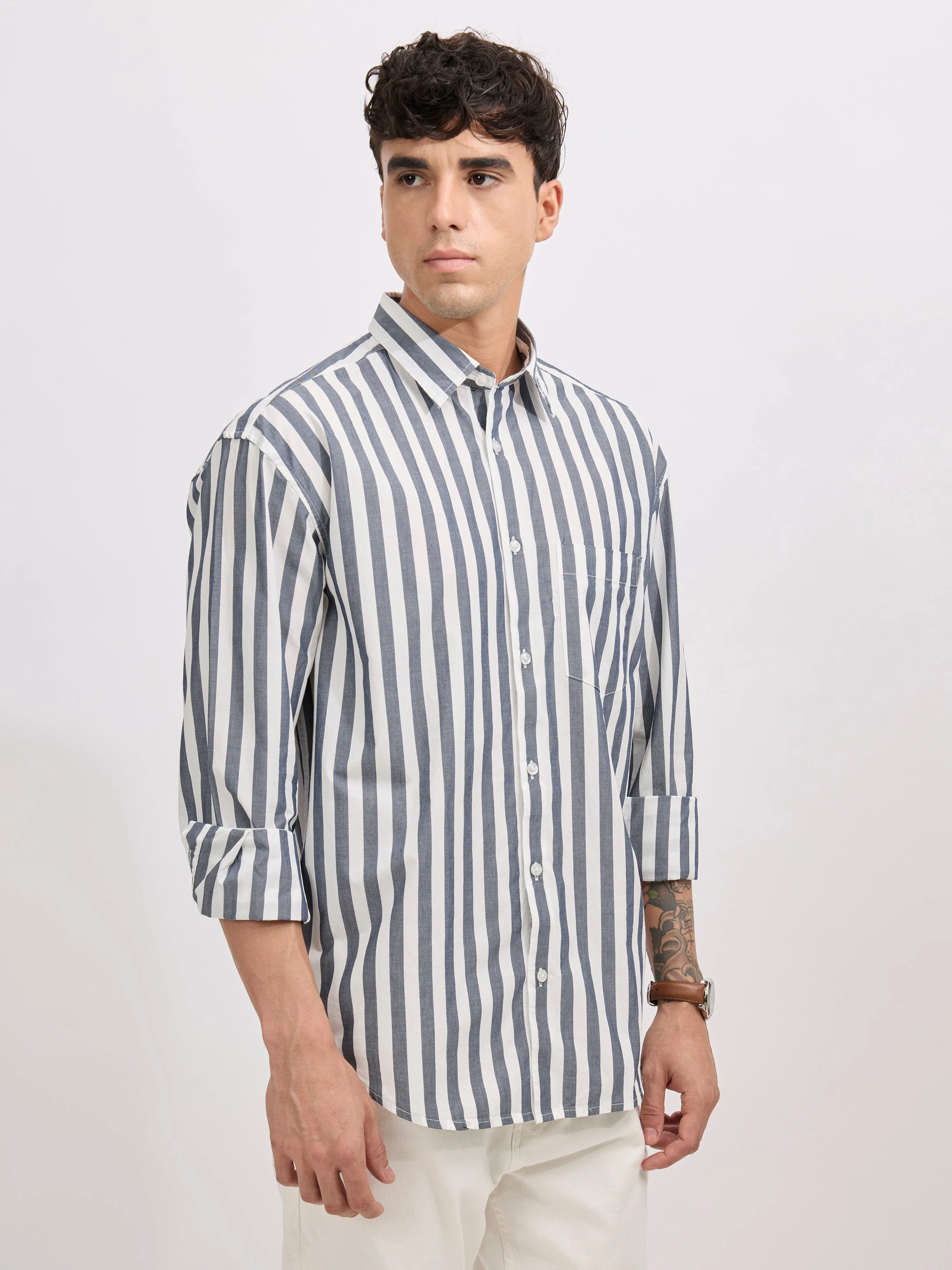 Veil - Cotton Oversized Striped shirt - Monochrome