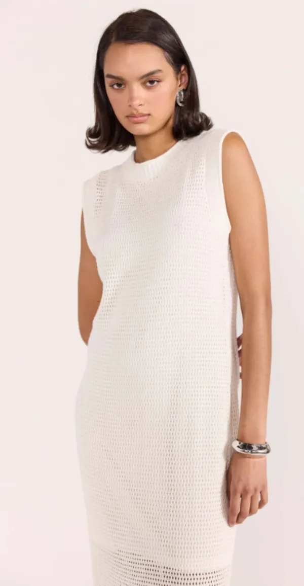 Wave Open Knit Midi Dress White