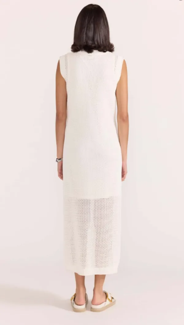 Wave Open Knit Midi Dress White