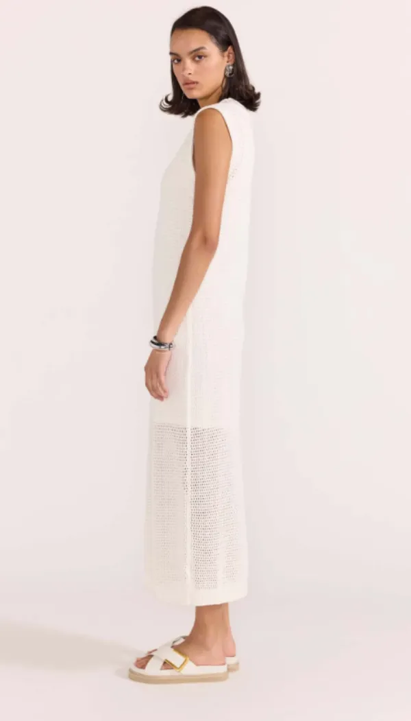 Wave Open Knit Midi Dress White