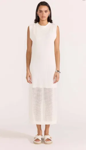 Wave Open Knit Midi Dress White