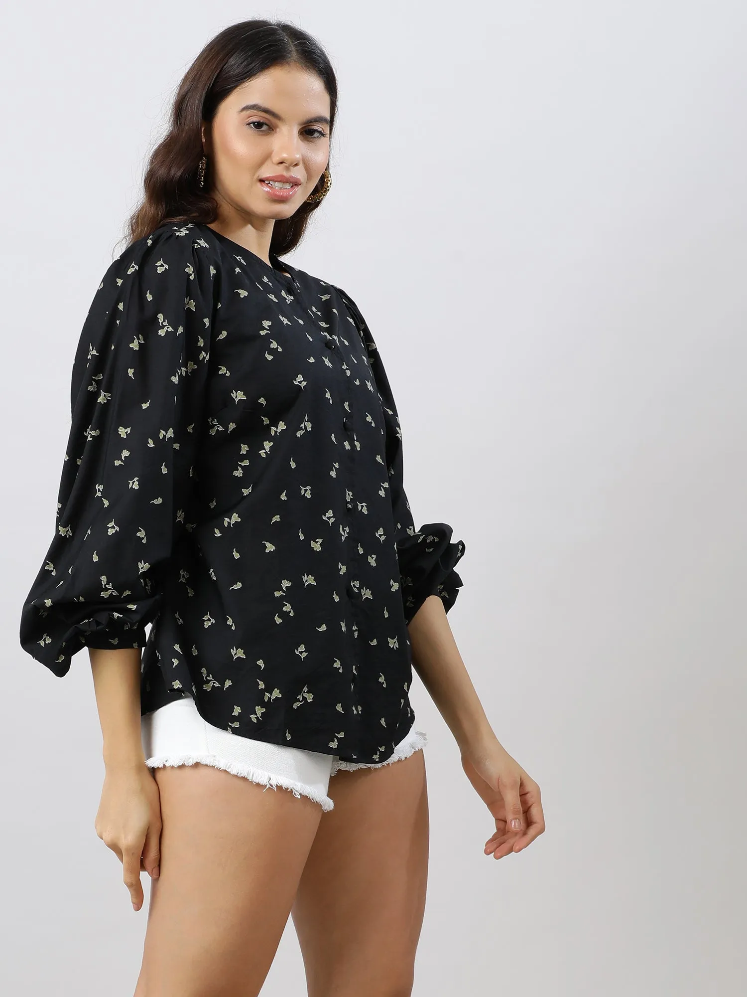 Women Casual Chic Black Floral Printed Shirt