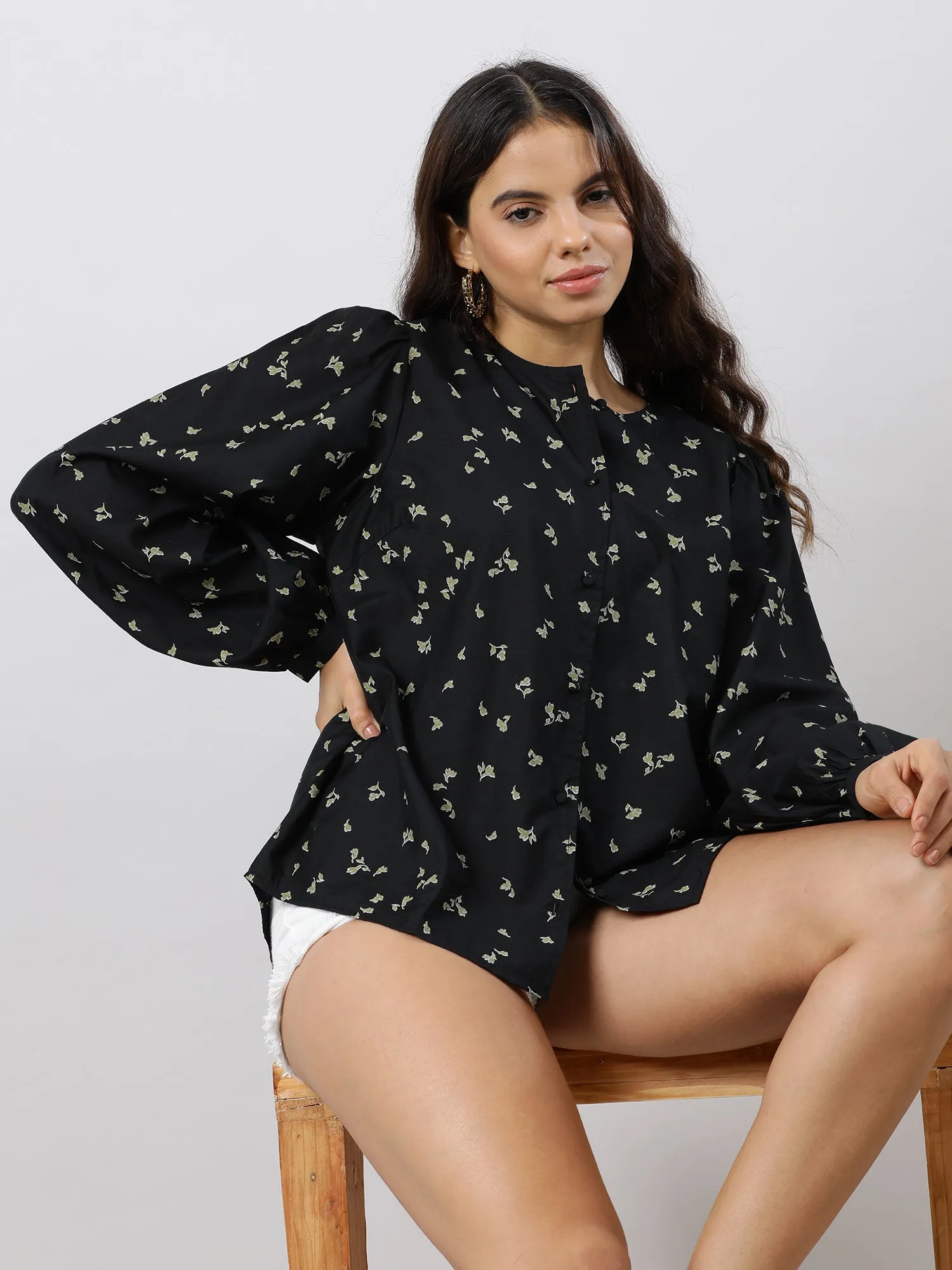 Women Casual Chic Black Floral Printed Shirt