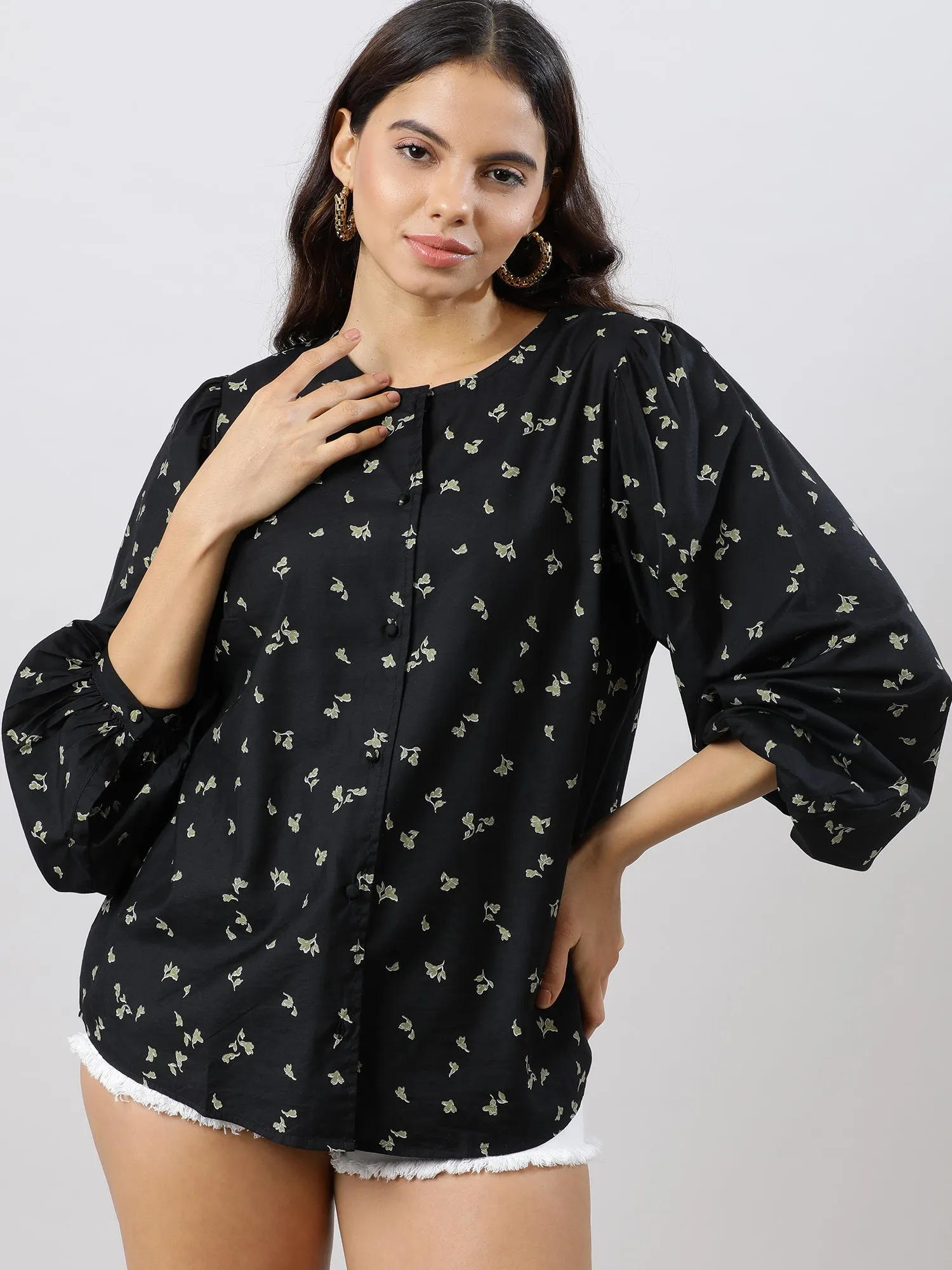 Women Casual Chic Black Floral Printed Shirt