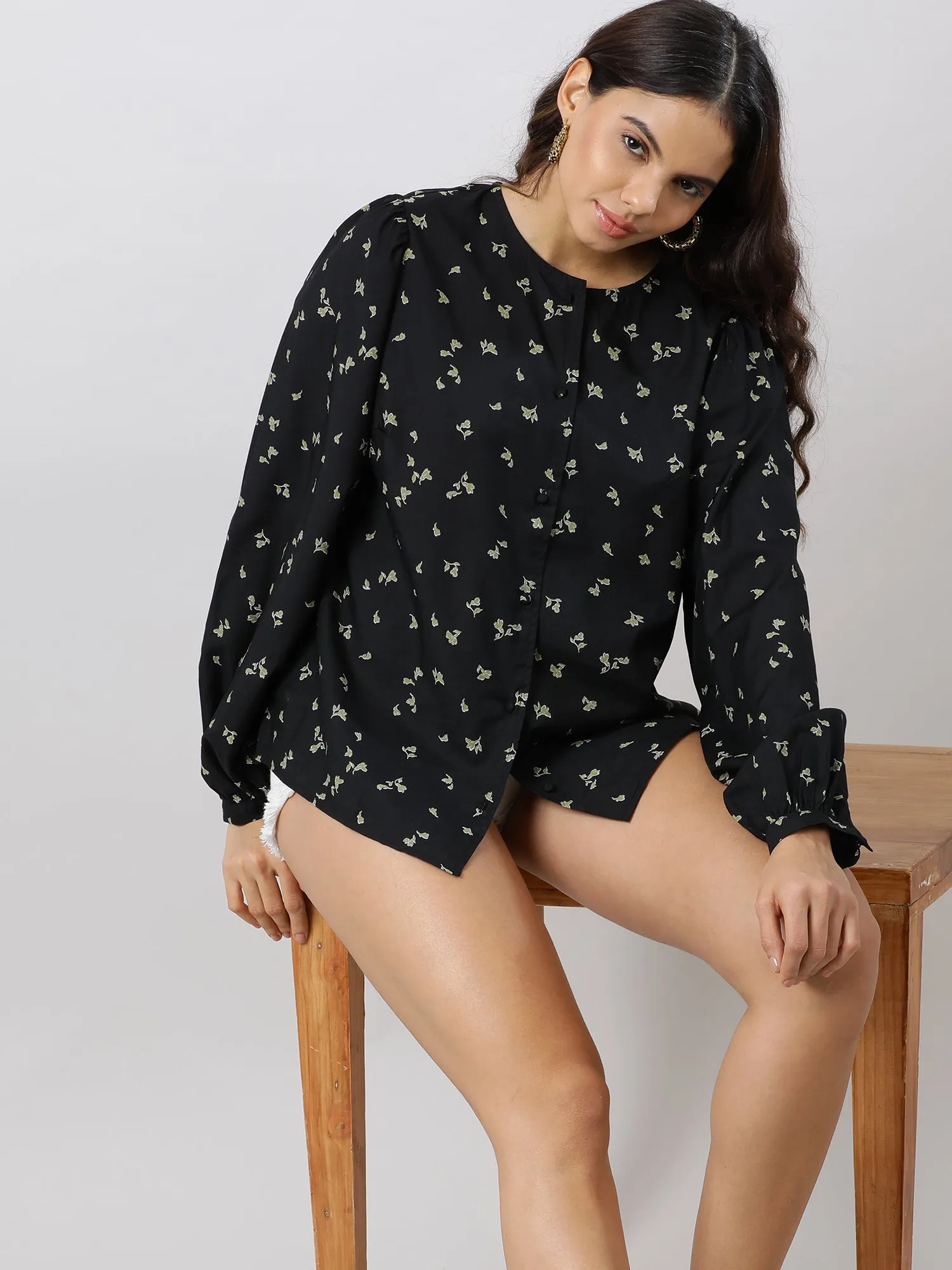 Women Casual Chic Black Floral Printed Shirt