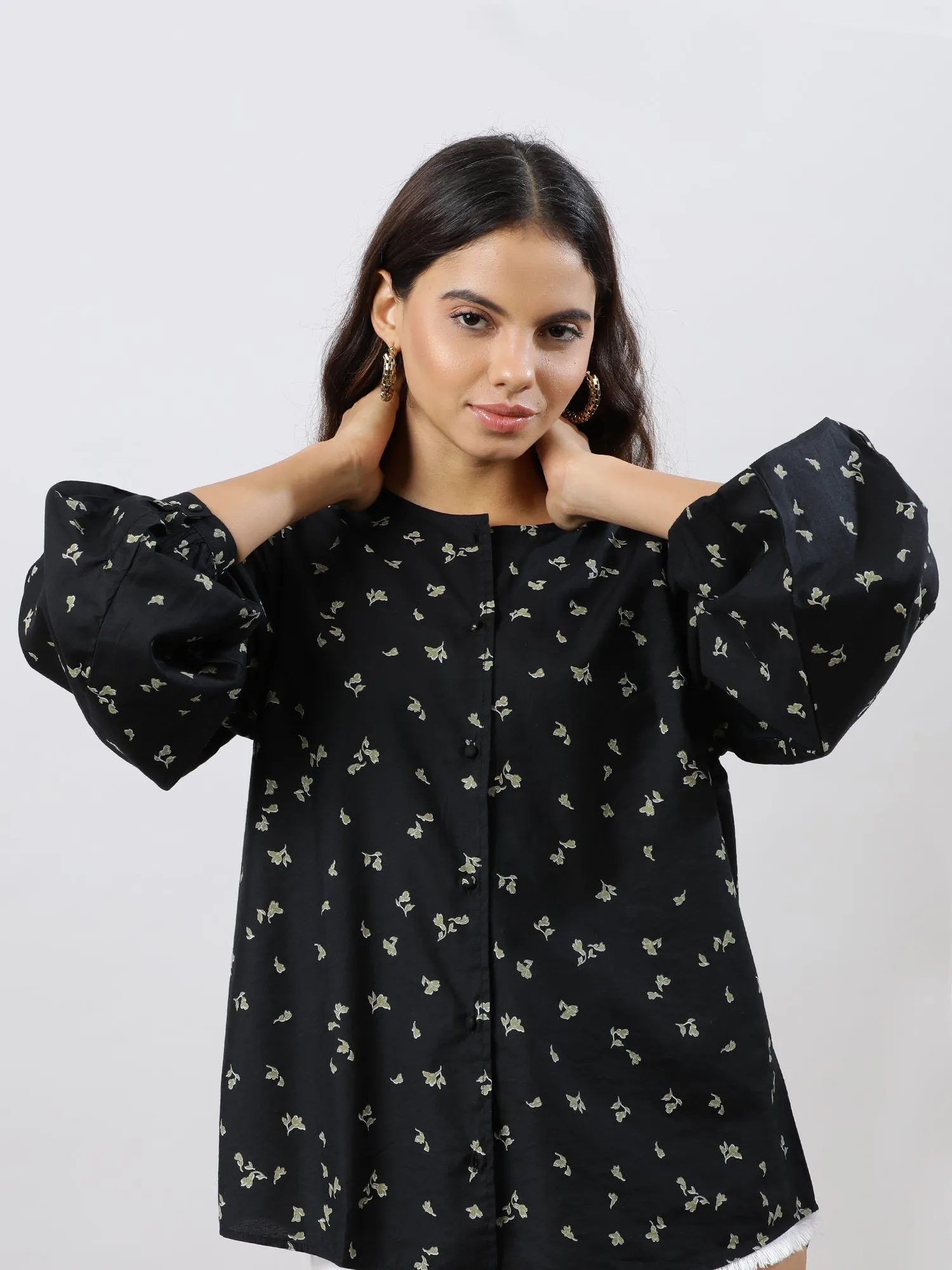 Women Casual Chic Black Floral Printed Shirt