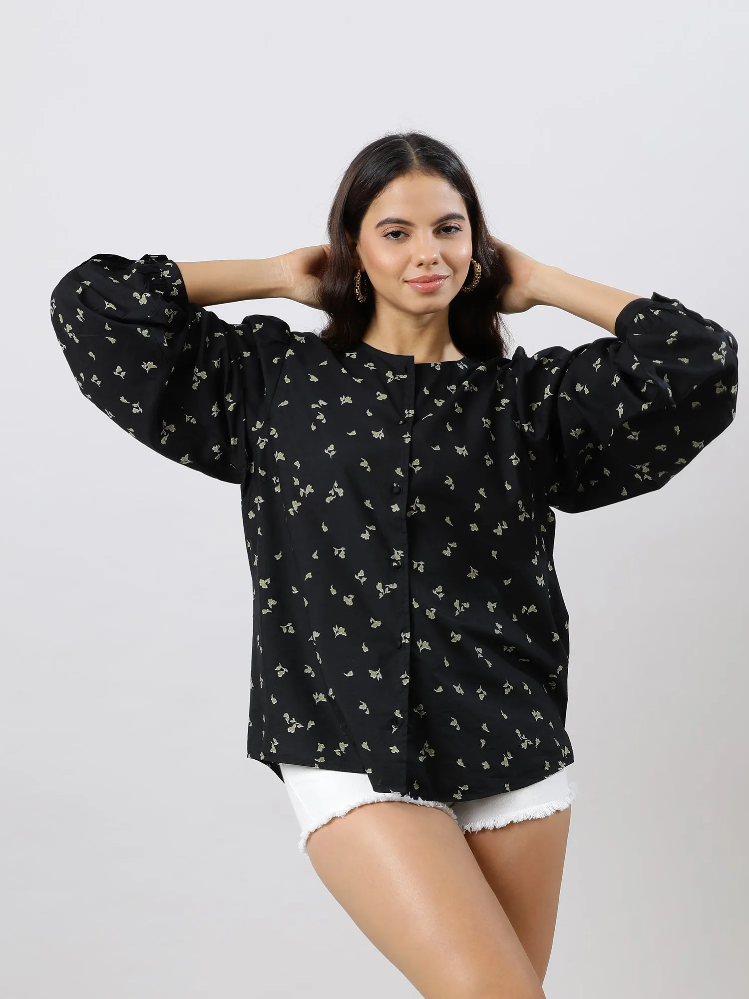 Women Casual Chic Black Floral Printed Shirt