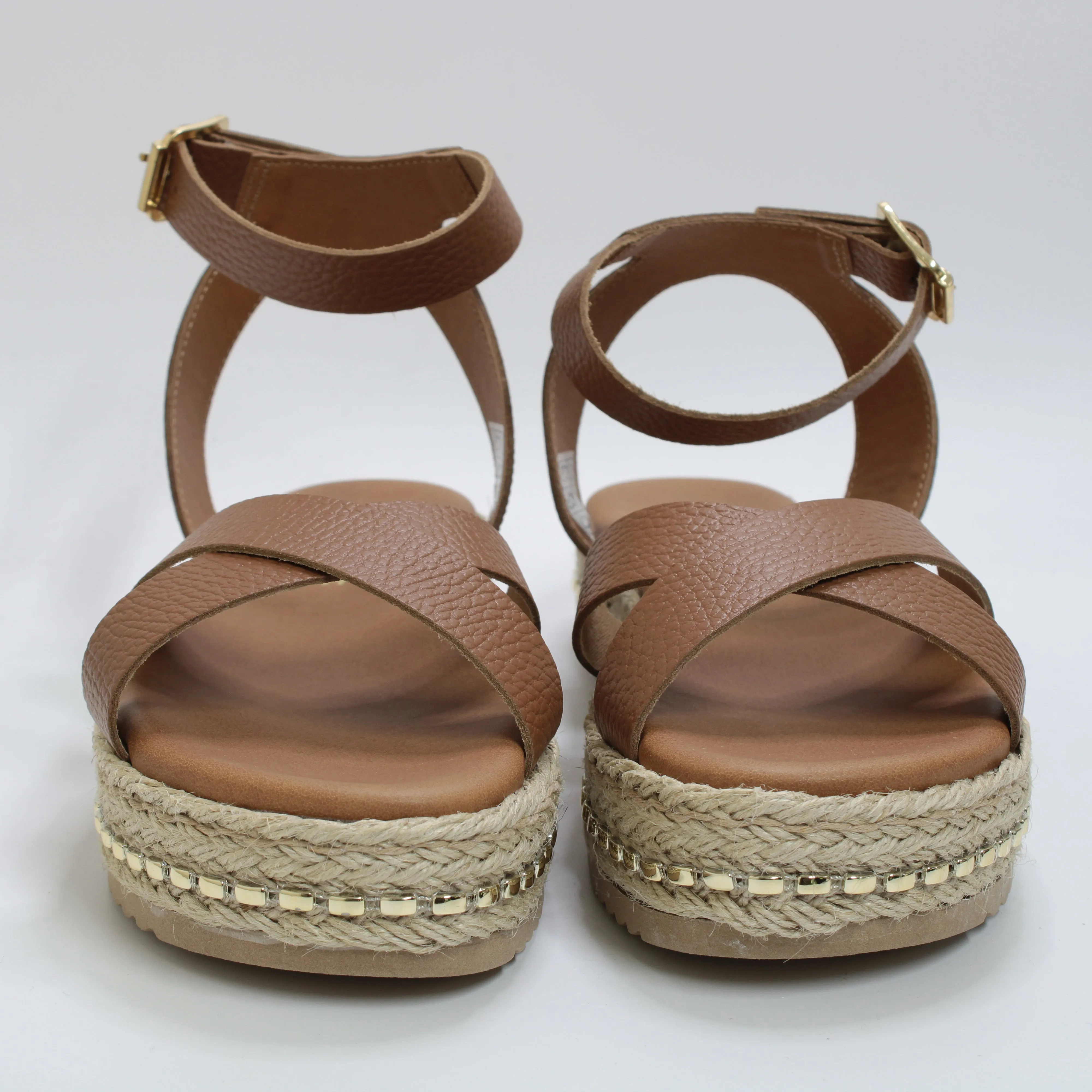 Womens Office Sassy Cross Strap Espadrille Flatform Tan Leather